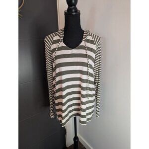 Cabi Playoff Hooded Blouse Lightweight Green and White Striped Hoodie Style 5731